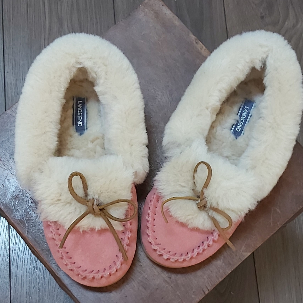 Lands' End Pink Suede Moccasin Slippers with Cream Faux-Shearling Trim